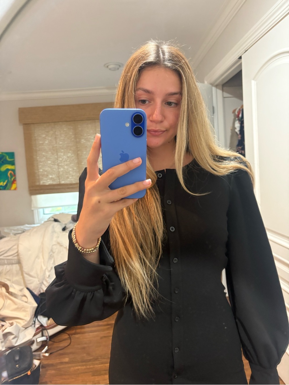 Black Button-Front Long Sleeve Dress